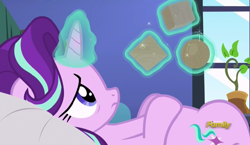 Size: 818x474 | Tagged: safe, screencap, starlight glimmer, pony, unicorn, every little thing she does, bed, blocks, cube, discovery family logo, female, glowing horn, horn, levitation, magic, magic aura, mare, octahedron, on bed, potted plant, solo, sphere, starlight's room, telekinesis, worried