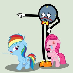 Size: 897x891 | Tagged: safe, artist:ponylover5, derpibooru import, pinkie pie, rainbow dash, earth pony, pegasus, pony, don't hug me i'm scared, tony the talking clock, younger