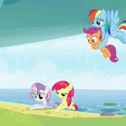 Size: 540x540 | Tagged: safe, derpibooru import, screencap, apple bloom, applejack, rainbow dash, scootaloo, sweetie belle, earth pony, pegasus, pony, campfire tales, animated, behaving like a cat, behaving like a dog, cutie mark crusaders, discovery family logo, gif, stabilized, sweetie belle is not amused, unamused, wet mane, wet-dog shake