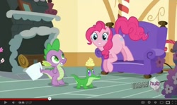 Size: 852x508 | Tagged: safe, screencap, gummy, pinkie pie, spike, dragon, earth pony, pony, just for sidekicks, fourth wall, youtube, youtube link