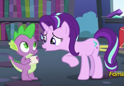 Size: 513x355 | Tagged: safe, screencap, spike, starlight glimmer, dragon, pony, unicorn, every little thing she does, cropped, discovery family logo