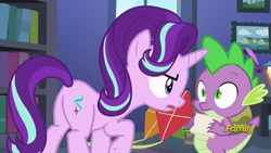 Size: 749x422 | Tagged: safe, screencap, spike, starlight glimmer, dragon, pony, every little thing she does, discovery family logo, female, mare, plot, starlight's room