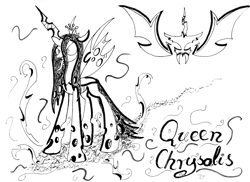 Size: 2450x1780 | Tagged: safe, artist:nightpaint12, queen chrysalis, changeling, changeling queen, black and white, grayscale, monochrome, solo, traditional art