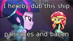 Size: 853x480 | Tagged: safe, edit, edited screencap, screencap, sunset shimmer, twilight sparkle, equestria girls, friendship through the ages, alternate hairstyle, bacon, bacon hair, bacon pancakes, bedroom eyes, caption, female, grin, i'm pancake, image macro, lesbian, meme, pancakes, piano, shipping, sitting, smiling, sunsetsparkle