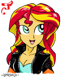 Size: 637x734 | Tagged: safe, artist:emichaca, sunset shimmer, equestria girls, cleavage, clothes, female, leather jacket, smiling