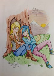 Size: 1722x2387 | Tagged: safe, artist:jujubesca, derpibooru import, applejack, rainbow dash, human, appledash, female, humanized, lesbian, shipping, traditional art