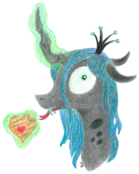 Size: 1245x1560 | Tagged: safe, artist:pony-from-everfree, queen chrysalis, changeling, changeling queen, bust, candy, crown, food, horn, jewelry, levitation, magic, regalia, shrunken pupils, simple background, solo, sweets, telekinesis, tongue out, traditional art, white background