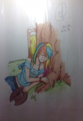 Size: 1638x2380 | Tagged: safe, artist:jujubesca, derpibooru import, applejack, rainbow dash, human, appledash, female, humanized, lesbian, shipping, sleeping, stretching, traditional art