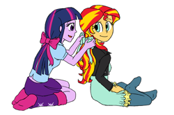 Size: 690x459 | Tagged: safe, artist:catlover1672, sunset shimmer, twilight sparkle, twilight sparkle (alicorn), alicorn, equestria girls, rainbow rocks, bow, hair bow, missing shoes