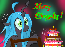 Size: 1040x750 | Tagged: safe, artist:rdash2116108, queen chrysalis, changeling, changeling queen, ahoge, cake, food, hearth's warming eve, merry christmas, merry chrysalis