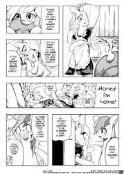 Size: 1144x1600 | Tagged: safe, artist:sung and ama, derpibooru import, applejack, fluttershy, rainbow dash, earth pony, pegasus, pony, applejack and the beanstalk, clothes, cloud, comic, doujin, fluttermaid, maid, monochrome, translation