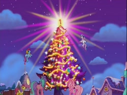 Size: 640x480 | Tagged: safe, apple spice, pinkie pie, star catcher, sweet berry, sweetberry, thistle whistle, earth pony, pony, a very minty christmas, g3, candy cane, christmas tree, glow, night, pretty, the here comes christmas candy cane, tree