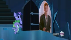 Size: 854x480 | Tagged: safe, derpibooru import, spike, twilight sparkle, dragon, pony, unicorn, door, exploitable meme, female, horn, hub logo, male, mare, meme, multicolored mane, open mouth, purple coat, rick astley, rickroll, stairs, the scary door