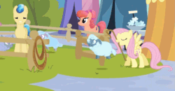 Size: 971x504 | Tagged: safe, screencap, amberlocks, fluttershy, ivory, ivory rook, pegasus, pony, sheep, the crystal empire, animated, crook, ewe, mouth hold, shepard's crook, smiling, tiny ewes