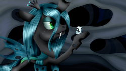 Size: 3309x1861 | Tagged: safe, artist:lixthefork, queen chrysalis, changeling, changeling larva, changeling queen, cave, changeling hive, pupa, smiling