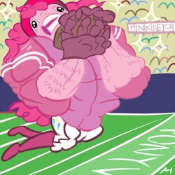 Size: 750x750 | Tagged: safe, artist:chiapetofdoom, pinkie pie, anthro, american football, hideous, muscles, overdeveloped muscles, sports, wat