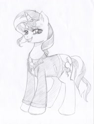 Size: 1672x2196 | Tagged: safe, artist:evomanaphy, sunset shimmer, pony, unicorn, clothes, evil grin, horn, jacket, looking at you, monochrome, paper, pencil drawing, simple background, sketch, solo, standing, white background