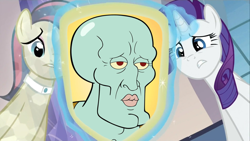 Size: 1422x800 | Tagged: safe, bonna fide, glamour gleam, honeysparkle, rarity, crystal pony, pony, unicorn, cadance's mirror, exploitable meme, handsome, handsome squidward, meme, mirror, spongebob squarepants, squidward tentacles, the two faces of squidward