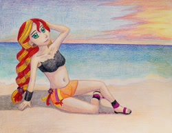 Size: 1024x790 | Tagged: safe, artist:rohinar, sunset shimmer, equestria girls, rainbow rocks, beach, belly button, bikini, clothes, feet, humanized, sandals, solo, swimsuit