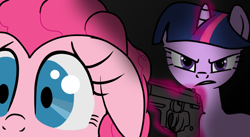 Size: 1050x575 | Tagged: safe, artist:virenth, derpibooru import, pinkie pie, twilight sparkle, earth pony, pony, gun, magic, telekinesis, weapon