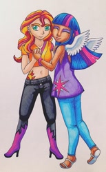 Size: 556x900 | Tagged: safe, artist:rohinar, sunset shimmer, twilight sparkle, twilight sparkle (alicorn), alicorn, equestria girls, rainbow rocks, belly button, female, humanized, lesbian, midriff, shipping, sunsetsparkle, traditional art, winged humanization