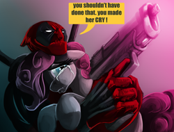 Size: 1024x778 | Tagged: safe, artist:brokencreation, pinkie pie, earth pony, pony, crossover, crying, deadpool, deadpool is best pony, dialogue, gun, speech bubble, weapon