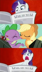 Size: 473x807 | Tagged: safe, applejack, rarity, spike, dragon, earth pony, pony, unicorn, applespike, female, i'll destroy her, kissing, male, meme, newspaper, shipping, straight