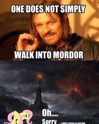 Size: 500x621 | Tagged: safe, fluttershy, human, pegasus, pony, barad-dûr, boromir, crossover, eye of sauron, female, lord of the rings, male, man, mare, meme, mordor, mount doom, one does not simply walk into mordor, volcano