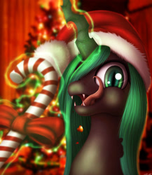 Size: 1024x1179 | Tagged: dead source, safe, artist:jeki, queen chrysalis, changeling, changeling queen, candy, candy cane, christmas, christmas changeling, christmas tree, food, glowing horn, green changeling, hat, holiday, santa hat, solo, tree