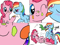 Size: 1024x767 | Tagged: safe, artist:kristelpokemonfan, derpibooru import, gummy, pinkie pie, rainbow dash, earth pony, pegasus, pony, bedroom eyes, biting, blushing, comic, female, lesbian, licking, licking lips, open mouth, pinkiedash, shipping, smiling, tongue bite, tongue out, wink