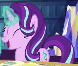 Size: 592x501 | Tagged: safe, screencap, starlight glimmer, pony, unicorn, every little thing she does, animated, cute, eyes closed, female, gif, glimmerbetes, glowing horn, horn, laughing, loop, mare, open mouth, smiling, solo
