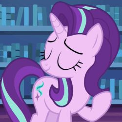Size: 462x462 | Tagged: safe, screencap, starlight glimmer, pony, unicorn, every little thing she does, animated, book, bookshelf, cute, eyes closed, female, gif, glimmerbetes, indoors, mare, raised hoof, smiling, solo, standing, twilight's castle