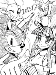 Size: 1136x1508 | Tagged: safe, artist:ss2sonic, derpibooru import, spike, twilight sparkle, anthro, crossover, miles "tails" prower, monochrome, sonic the hedgehog, sonic the hedgehog (series)