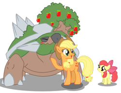 Size: 900x687 | Tagged: safe, artist:seaandsunshine, apple bloom, applejack, earth pony, pony, apple tree, chin scratch, crossover, eyes closed, female, filly, mare, pokémon, simple background, torterra, transparent background, tree, vector