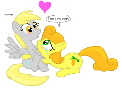 Size: 564x410 | Tagged: safe, artist:shutterflye, carrot top, derpy hooves, golden harvest, earth pony, pegasus, pony, background pony, blushing, crying, derpytop, female, flockdraw, heart, hug, lesbian, mare, shipping, sproing, wingboner