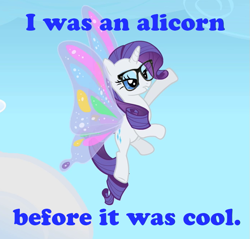 Size: 693x663 | Tagged: safe, screencap, rarity, pony, unicorn, sonic rainboom (episode), artificial wings, augmented, before it was cool, butt wings, glasses, glimmer wings, hipster, image macro, magic, magic wings, photoshop, wings