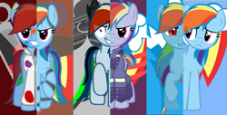 Size: 1415x717 | Tagged: safe, derpibooru import, rainbow dash, bat pony, pegasus, pony, alternate cutie mark, alternate timeline, apocalypse dash, base used, bat ponified, clothes, crystal war timeline, dashstorm, duality, evil grin, female, grin, insanity, lab coat, mare, multeity, race swap, rainbowbat, red eyes, self ponidox, slit eyes, smiling, split screen, what my cutie mark is telling me