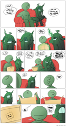 Size: 1648x3115 | Tagged: safe, artist:shoutingisfun, queen chrysalis, oc, oc:anon, changeling, changeling queen, human, anon's couch, bait and switch, box, comic, cute, cutealis, dialogue, evil, evil grin, eye clipping through hair, faggot, female, funny, grin, male, savage, simple background, slice of life, slur, smiling, speech bubble, tsundere, ur a faget, vulgar, white background