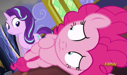 Size: 805x478 | Tagged: safe, screencap, pinkie pie, starlight glimmer, pony, every little thing she does, discovery family logo, looking at each other, perspective