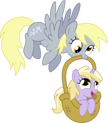 Size: 9069x10313 | Tagged: safe, artist:agamnentzar, artist:tryhardbrony, derpy hooves, dinky hooves, pegasus, pony, absurd resolution, basket, cute, equestria's best mother, female, mare, pony in a basket, simple background, transparent background, vector