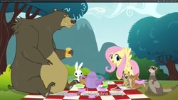 Size: 1920x1080 | Tagged: safe, screencap, angel bunny, fluttershy, bear, chipmunk, ferret, pegasus, pony, squirrel, too many pinkie pies, youtube caption