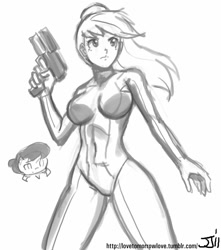 Size: 882x1000 | Tagged: source needed, safe, artist:johnjoseco, applejack, octavia melody, human, applerack, applesamus, breasts, clothes, cosplay, costume, crossover, female, grayscale, humanized, metroid, metroid (species), monochrome, samus aran, solo, zero suit