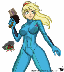 Size: 882x1000 | Tagged: safe, artist:johnjoseco, color edit, edit, applejack, octavia melody, human, applerack, applesamus, breasts, clothes, colored, cosplay, costume, crossover, female, humanized, metroid, metroid (species), parody, samus aran, simple background, solo, zero suit
