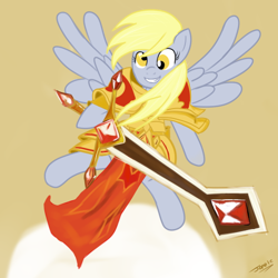 Size: 512x512 | Tagged: safe, artist:omahax, derpy hooves, pegasus, pony, armor, crossover, female, kayle, league of legends, mare, parody, sword