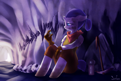 Size: 1400x935 | Tagged: safe, artist:siden, rarity, anthro, unguligrade anthro, broken horn, cave, clothes, dirty, gem, gloves, pickaxe, solo, sweat