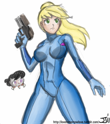 Size: 882x1000 | Tagged: safe, artist:johnjoseco, artist:michos, color edit, edit, applejack, octavia melody, human, applerack, applesamus, breasts, clothes, colored, cosplay, costume, crossover, female, humanized, metroid, metroid (species), samus aran, simple background, solo, zero suit