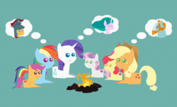 Size: 646x389 | Tagged: safe, artist:agrol, derpibooru import, apple bloom, applejack, flash magnus, mistmane, rainbow dash, rarity, rockhoof, scootaloo, sweetie belle, earth pony, pegasus, pony, unicorn, campfire tales, animated, cowboy hat, cutie mark crusaders, female, fire, gif, hat, pointy ponies, simple background, sisters, thought bubble