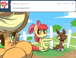 Size: 1280x985 | Tagged: safe, artist:atryl, apple bloom, applejack, winona, dog, earth pony, pony, ask, clothespin, female, filly, implied farting, mare, sitting