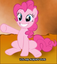 Size: 887x1000 | Tagged: safe, pinkie pie, earth pony, pony, caption, female, joke, mare, pink coat, pink mane, solo