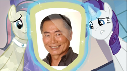 Size: 1920x1080 | Tagged: safe, bonna fide, glamour gleam, honeysparkle, rarity, pony, unicorn, cadance's mirror, exploitable meme, george takei, meme